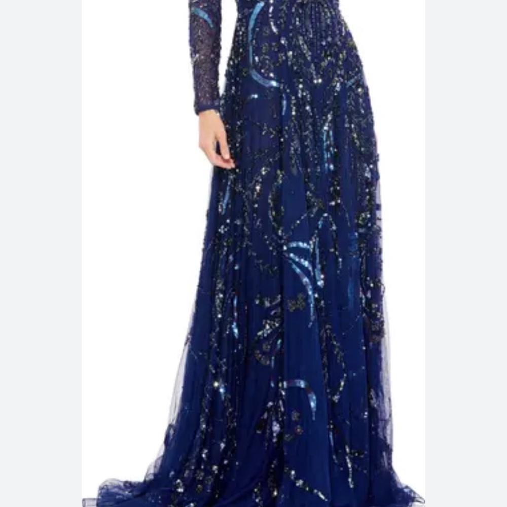 Mac Duggal Navy Blue Sequined Long Sleeve Evening Gown - Picture 3 of 11
